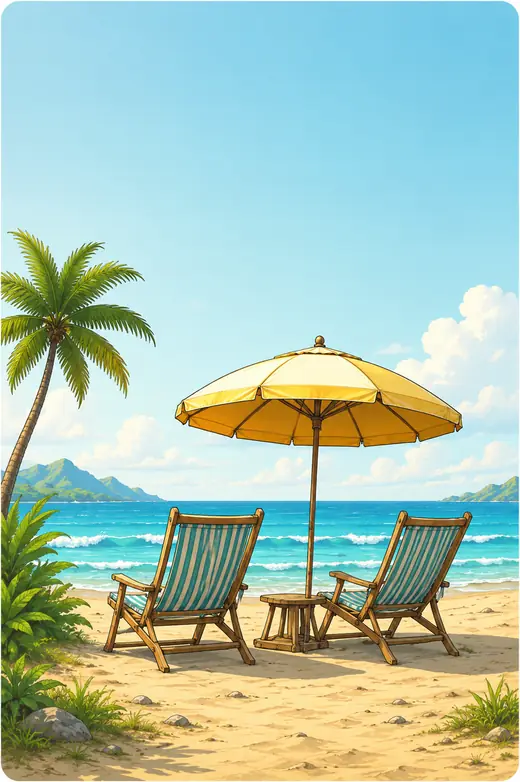 Two deck chairs under a parasol on a quiet beach