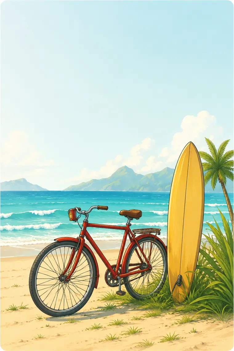 Red bicycle leaning on a yellow surfboard at the water's edge
